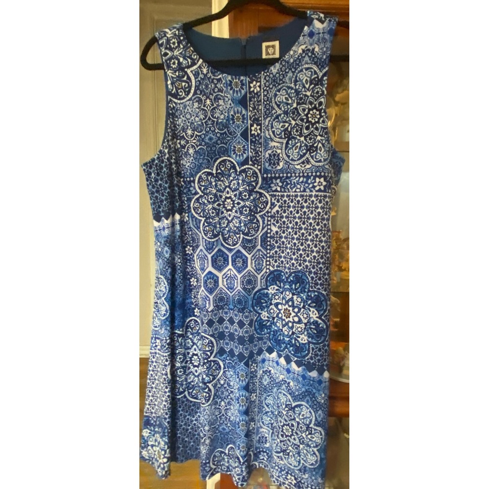 Anne Klein Blue White Mosaic Tile Print Sleeveless Shift Dress Womens 14